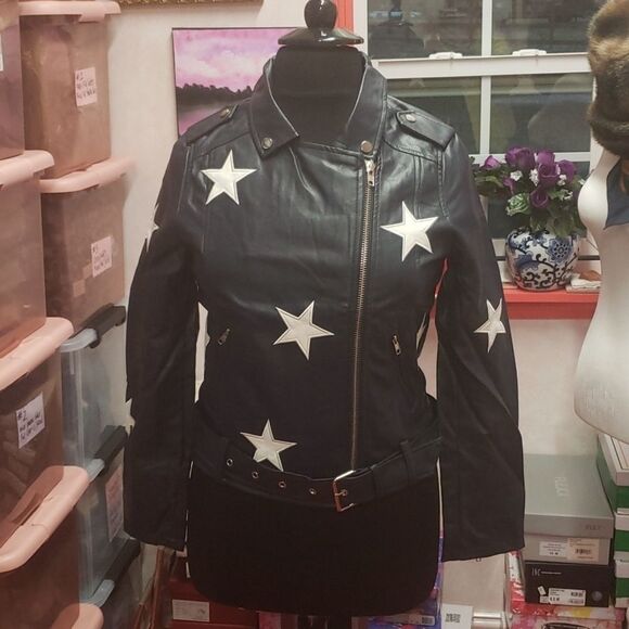 Leather jacket Embroidered white stars size L 10-12 - Picture 4 of 8
